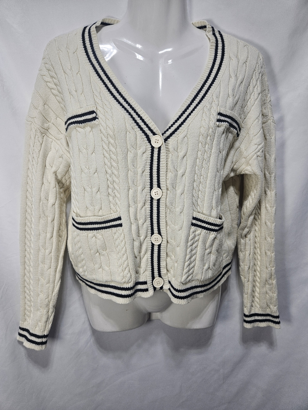 Cider Cable Knit Cardigan XS Cream Preppy Striped Trim Cropped Button Front